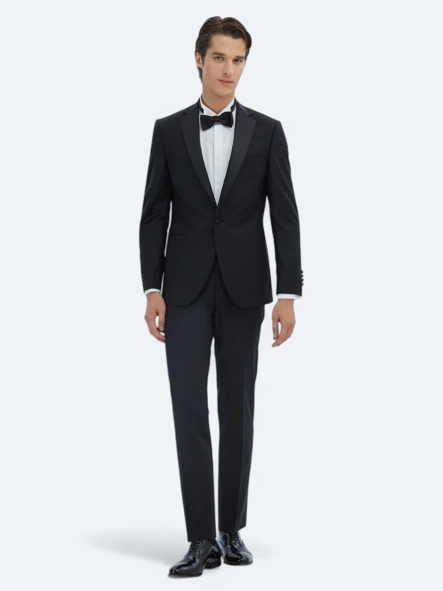 Siyah Slim Fit Kelebek Yaka Dokuma Smokin Takım Elbise - 2