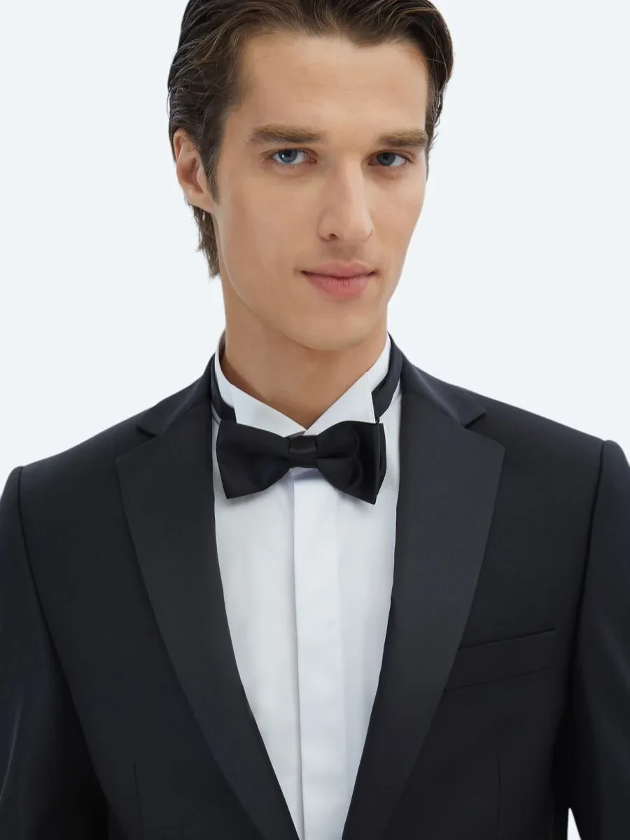 Siyah Slim Fit Kelebek Yaka Dokuma Smokin Takım Elbise - 3