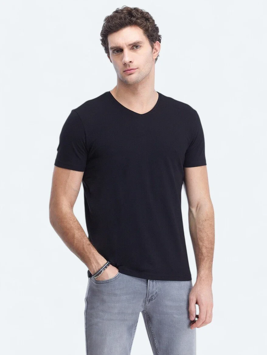 Siyah V Yaka Pamuk Karışımlı T-Shirt - 1
