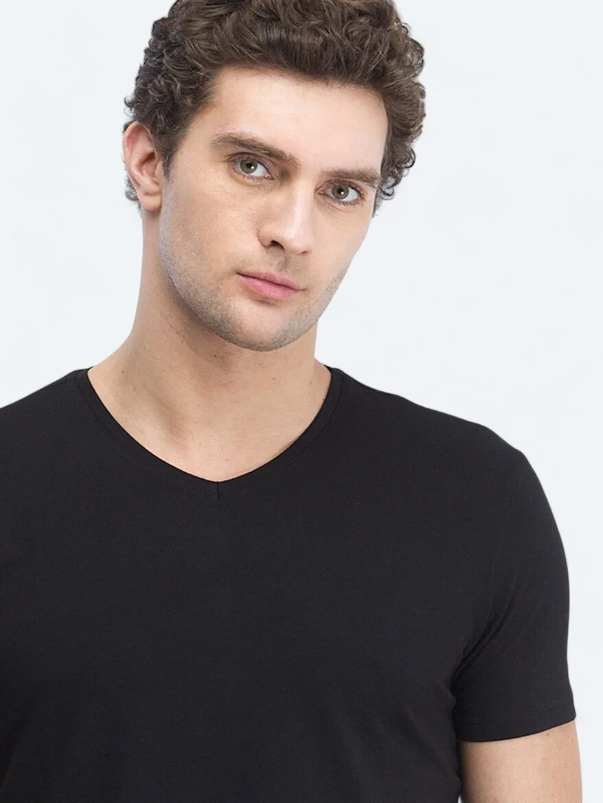 Siyah V Yaka Pamuk Karışımlı T-Shirt - 3