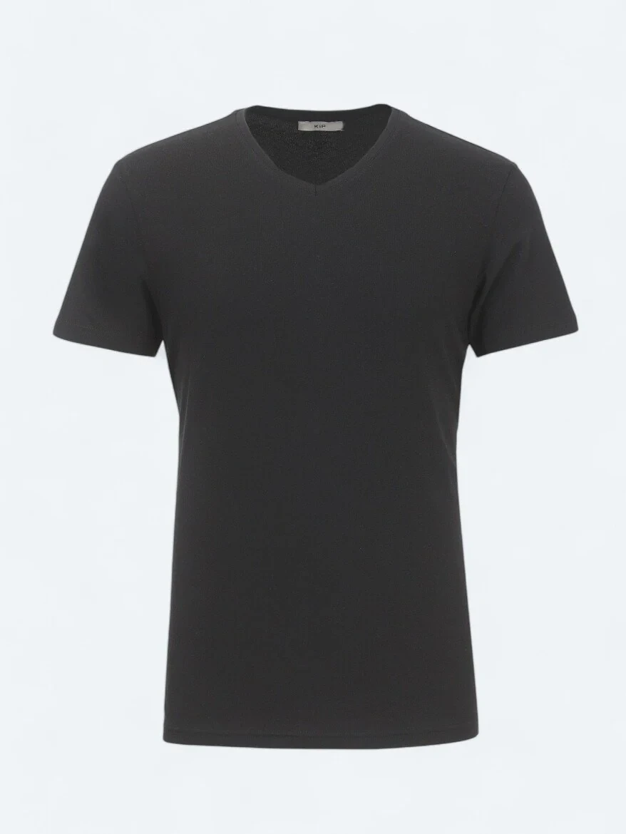 Siyah V Yaka Pamuk Karışımlı T-Shirt - 5