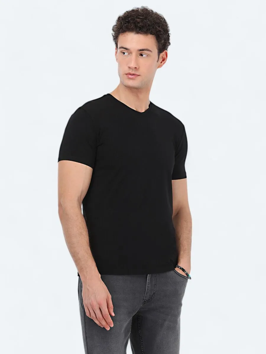 Siyah V Yaka Pamuk Karışımlı T-Shirt - 1