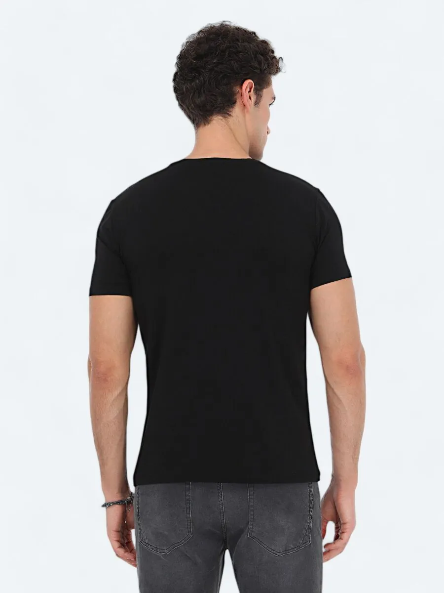 Siyah V Yaka Pamuk Karışımlı T-Shirt - 4