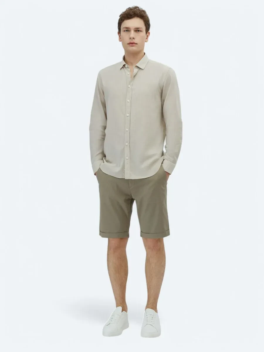 Stone Plain Weaving Casual 100% Cotton Shirt - 2