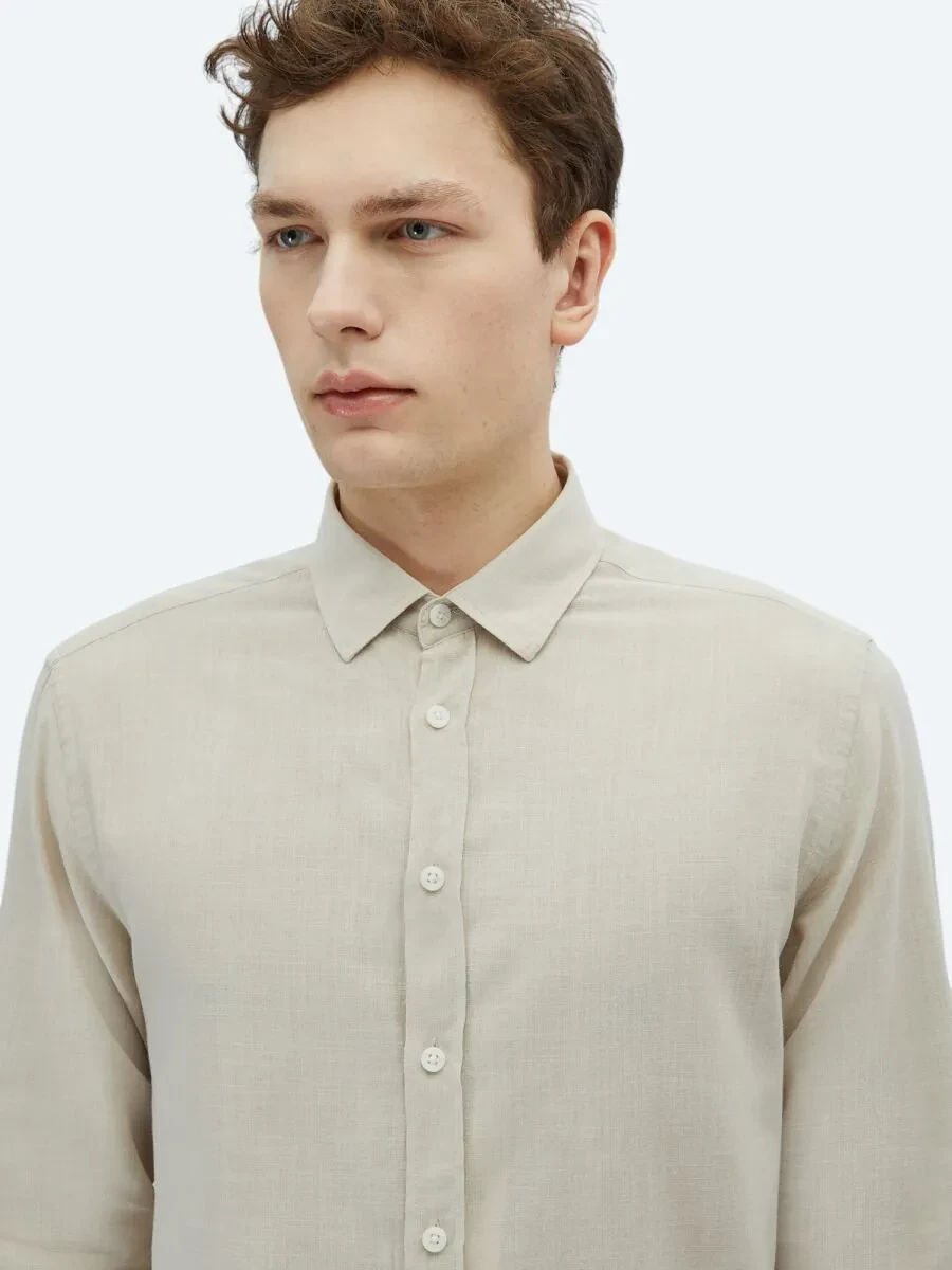 Stone Plain Weaving Casual 100% Cotton Shirt - 4