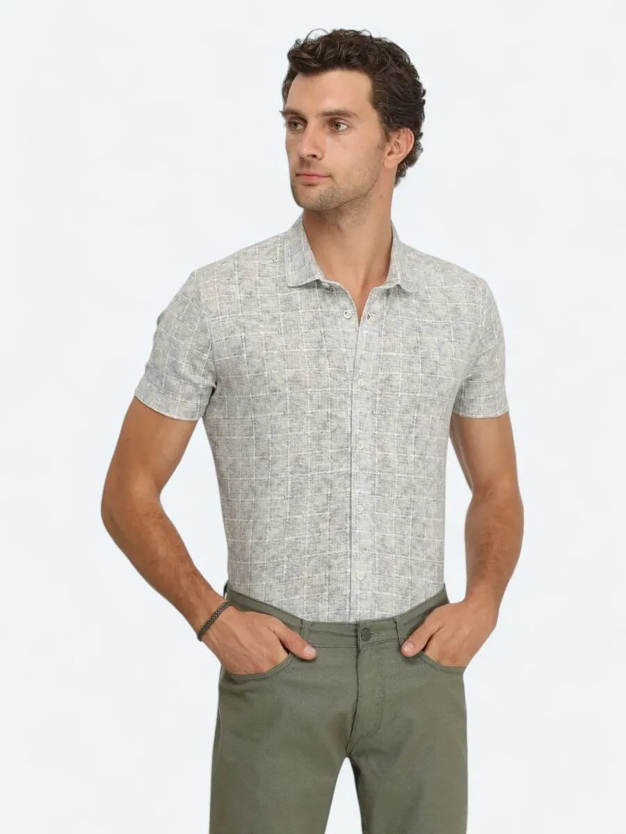 Stone Printed Regular Fit Knitting Casual Linen Blended Shirt - 1