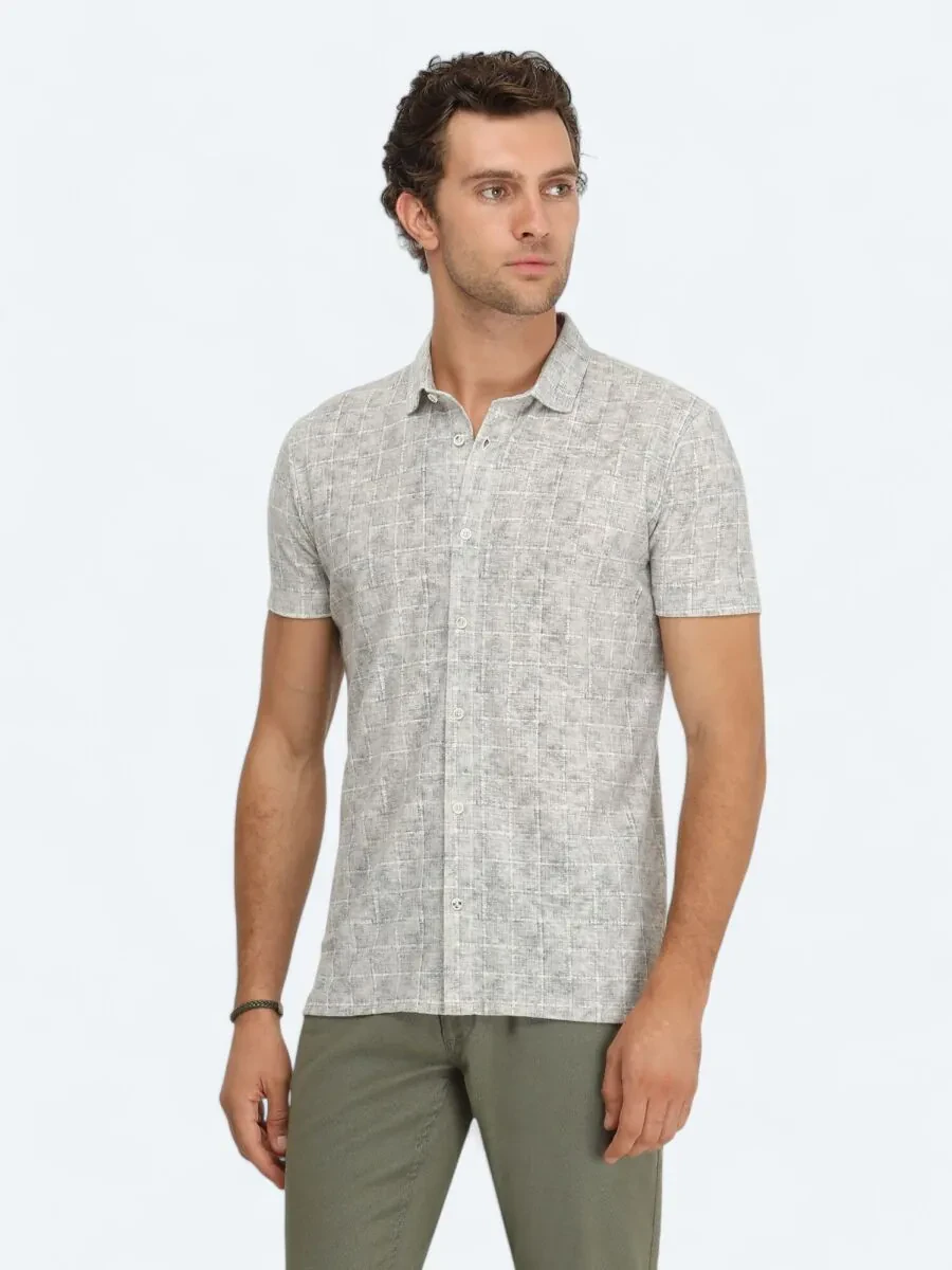 Stone Printed Regular Fit Knitting Casual Linen Blended Shirt - 2