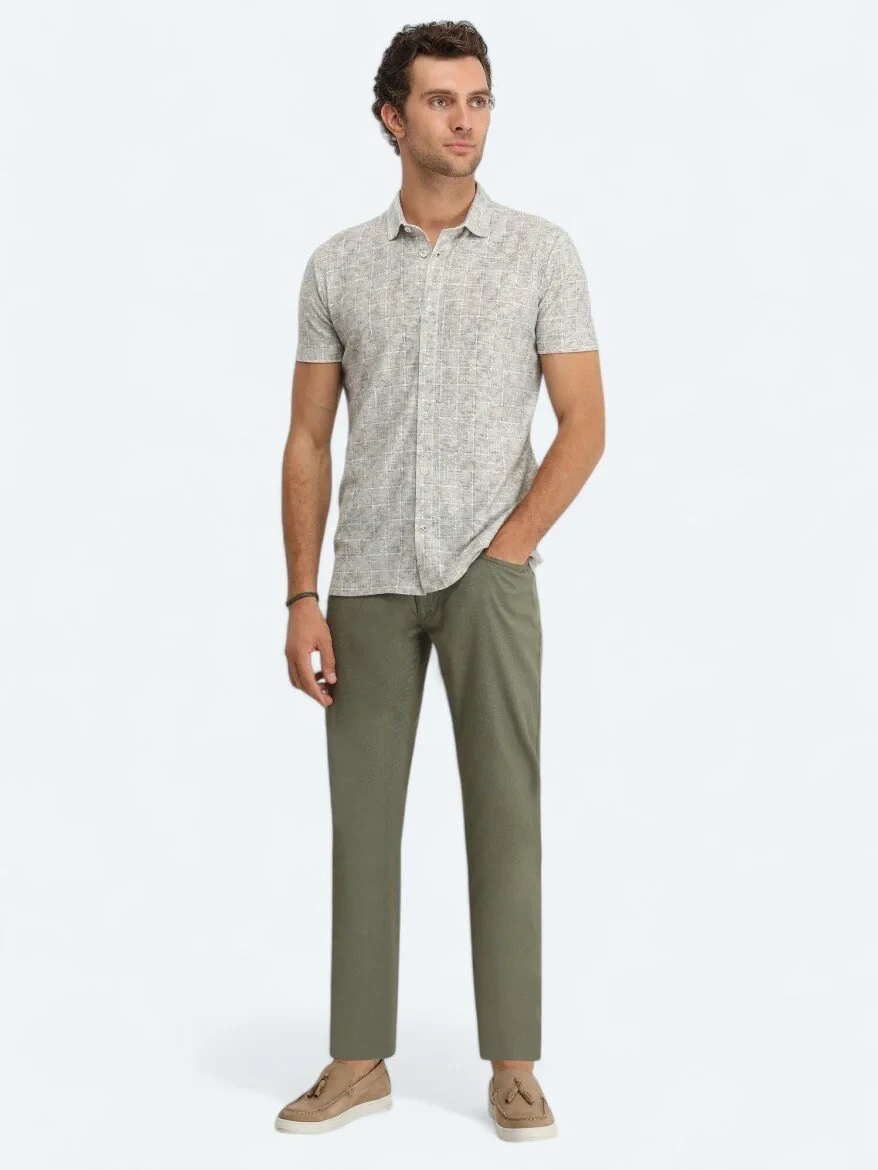 Stone Printed Regular Fit Knitting Casual Linen Blended Shirt - 3