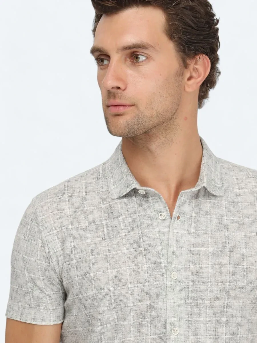 Stone Printed Regular Fit Knitting Casual Linen Blended Shirt - 4