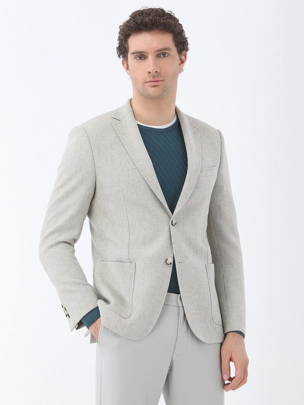 Stone Striped Modern Fit Wool Blended Jacket - 1