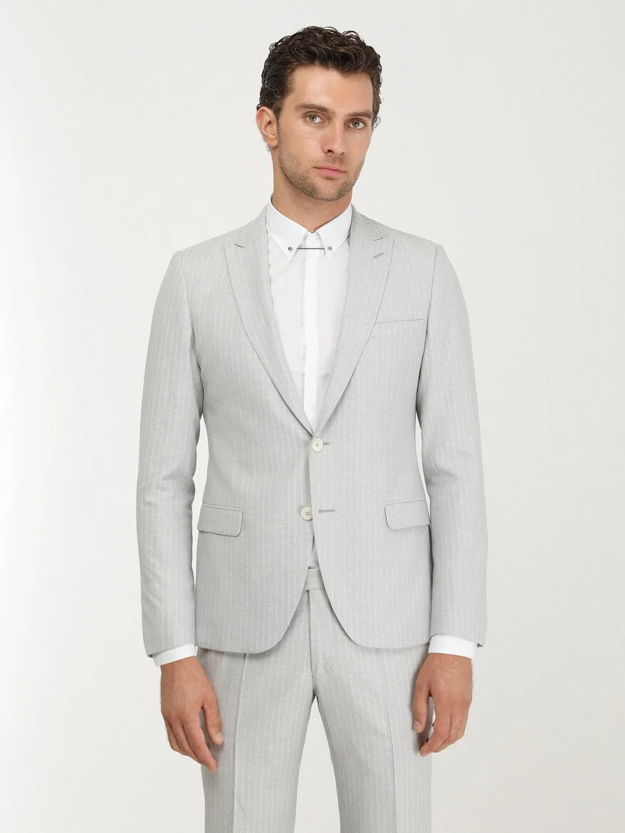Taş Çizgili Slim Fit Keten Karışımlı Takım Elbise - 1