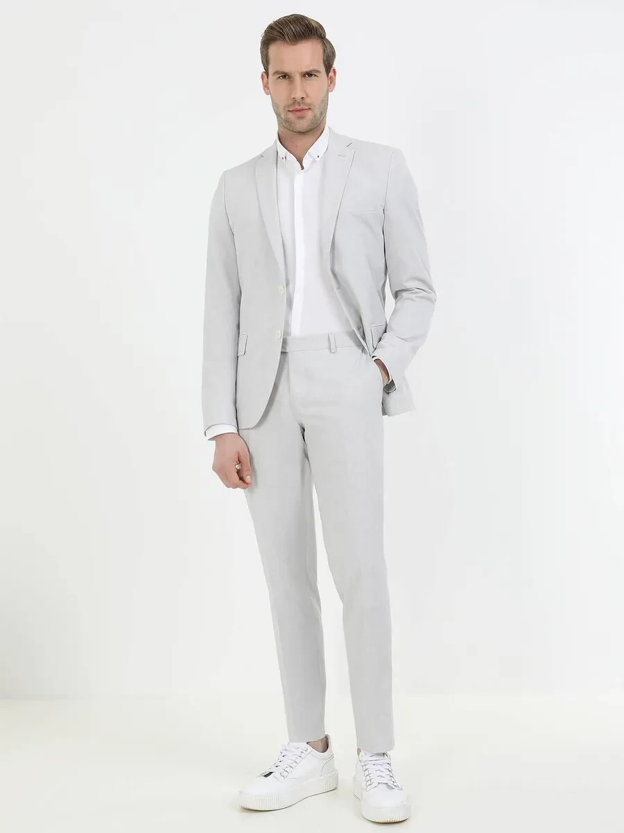 Taş Desenli Slim Fit Keten Karışımlı Takım Elbise - 1