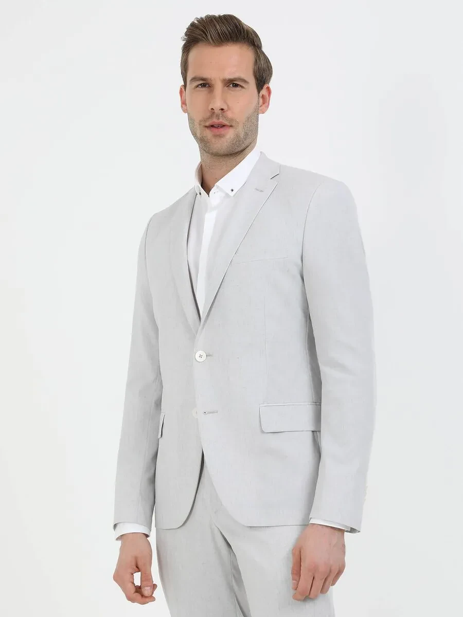 Taş Desenli Slim Fit Keten Karışımlı Takım Elbise - 2