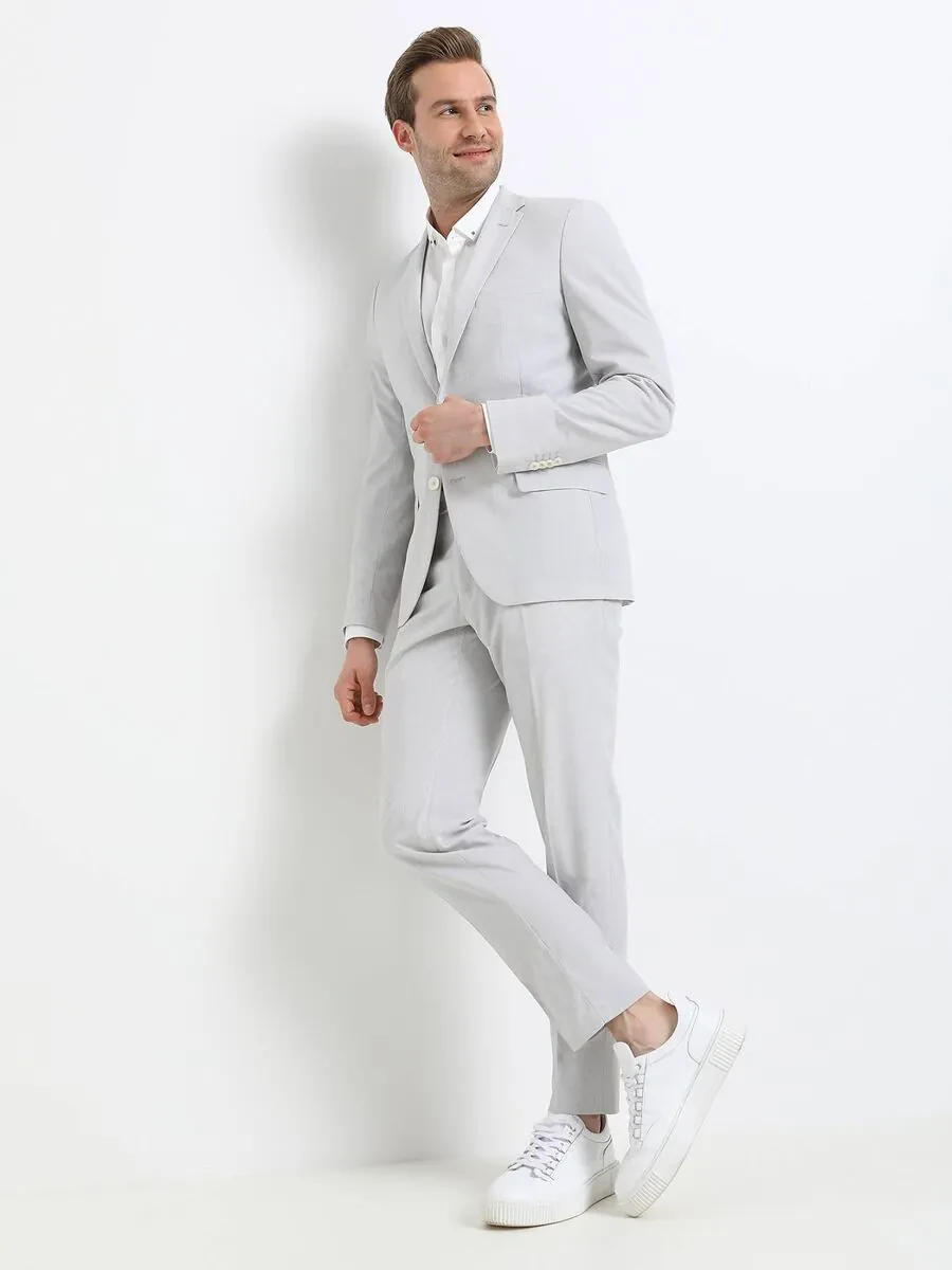 Taş Desenli Slim Fit Keten Karışımlı Takım Elbise - 3