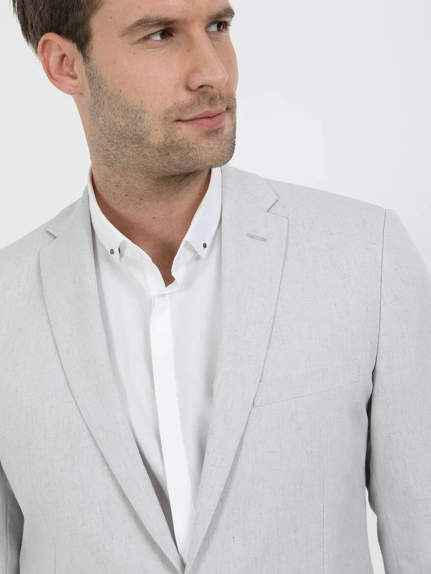 Taş Desenli Slim Fit Keten Karışımlı Takım Elbise - 4
