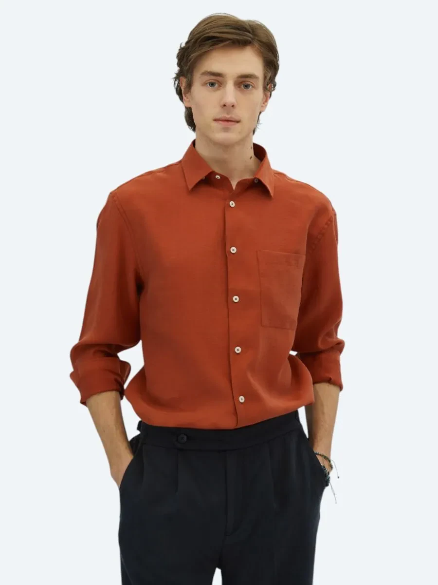 Tile Red Plain Oversize Fit Weaving Casual Shirt - 1
