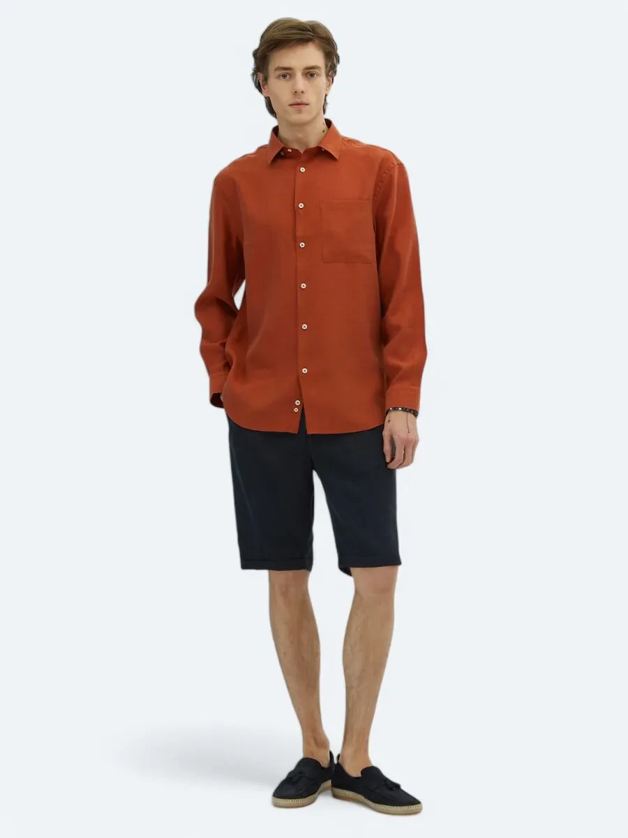 Tile Red Plain Oversize Fit Weaving Casual Shirt - 2