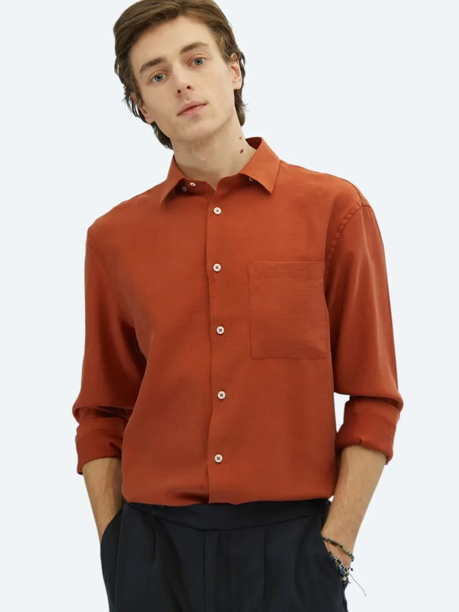 Tile Red Plain Oversize Fit Weaving Casual Shirt - 3