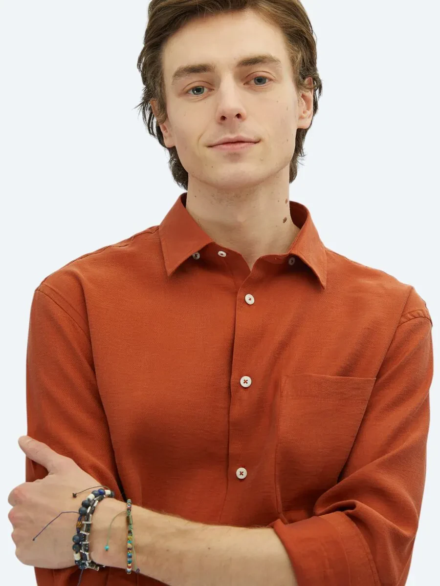 Tile Red Plain Oversize Fit Weaving Casual Shirt - 4
