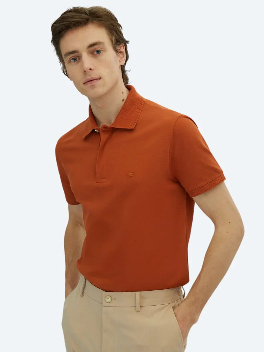 Tile Red Plain Polo Neck 100% Cotton T-Shirt - 3