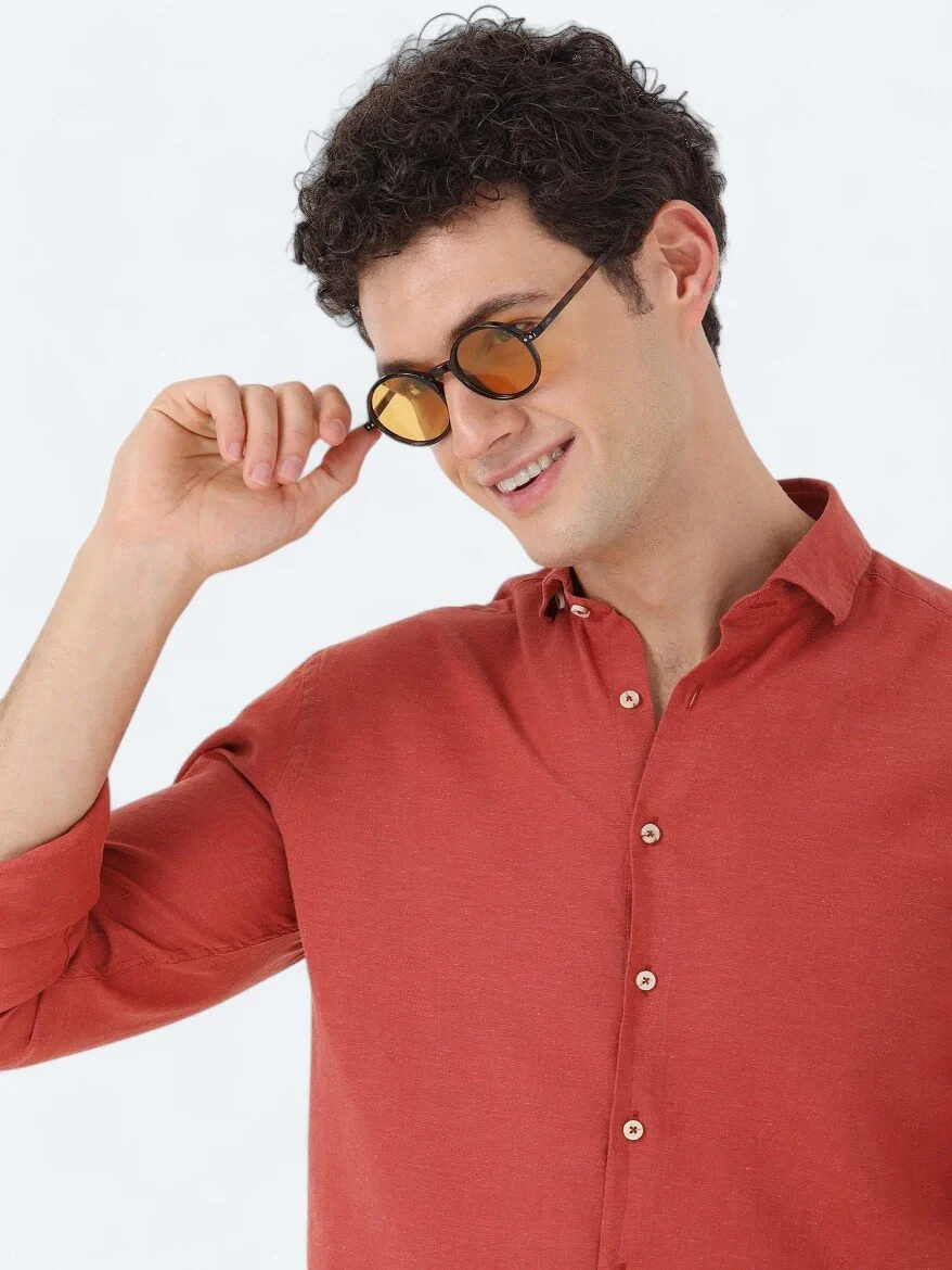 Tile Red Plain Regular Fit Weaving Casual Cotton Blended Shirt - 3