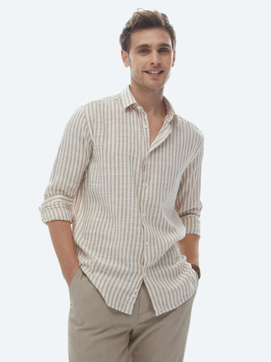 Tile Red Striped Regular Fit Weaving Casual Cotton Blended Shirt - 1