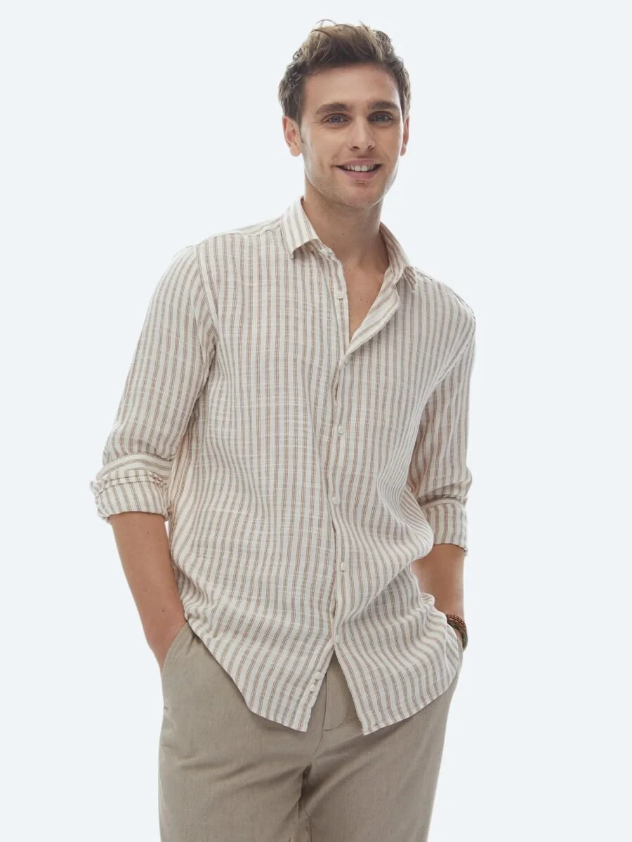 Tile Red Striped Regular Fit Weaving Casual Cotton Blended Shirt - 1