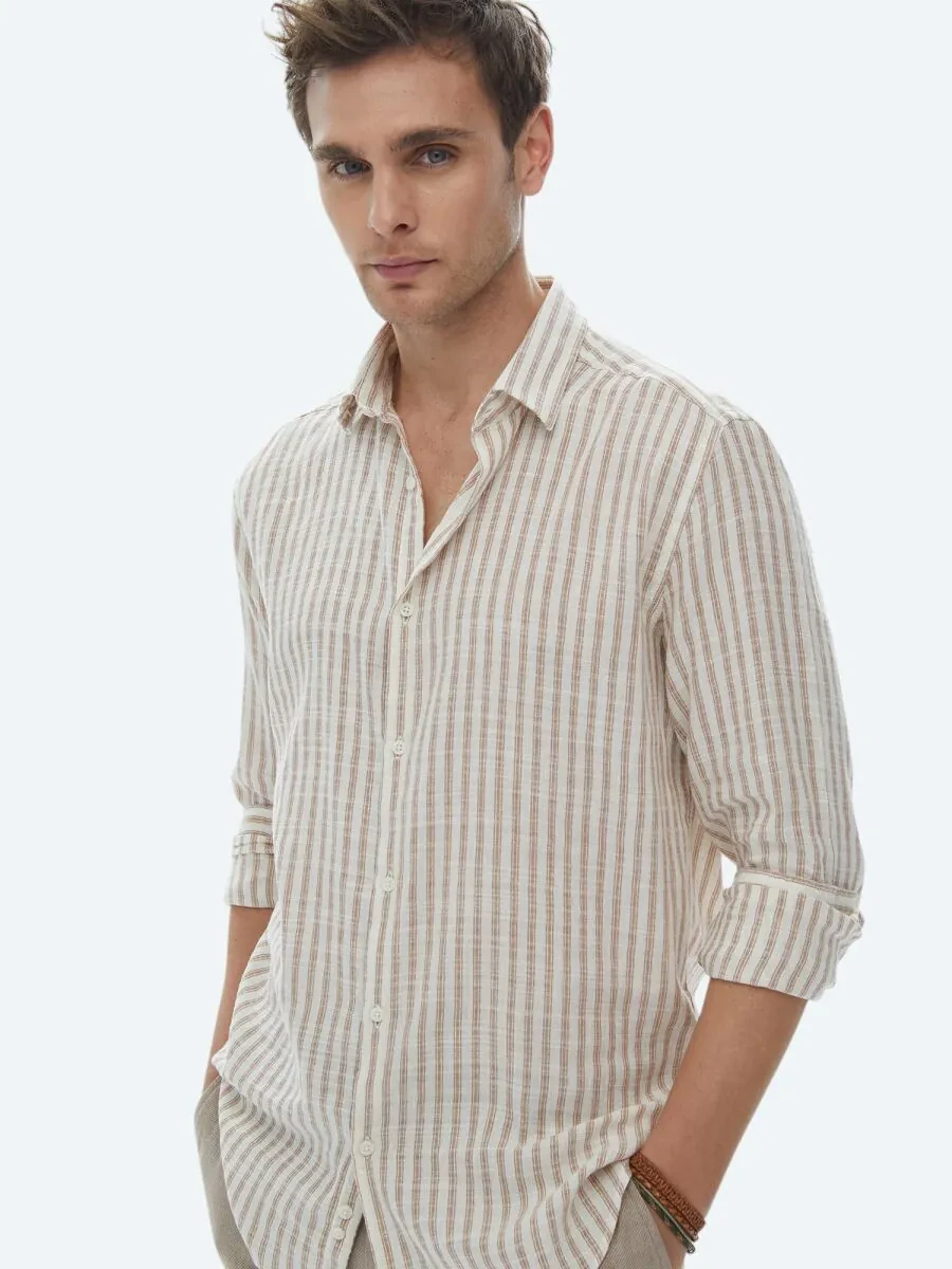 Tile Red Striped Regular Fit Weaving Casual Cotton Blended Shirt - 2