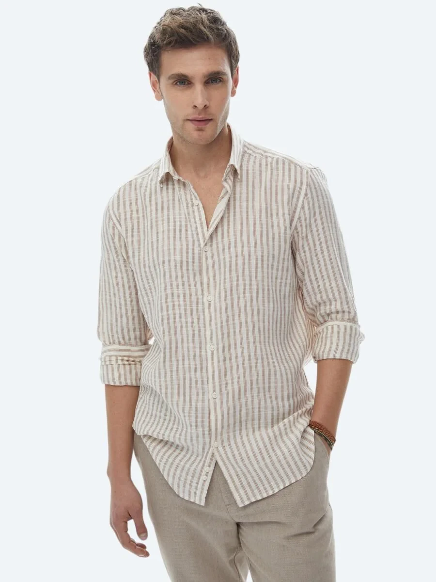 Tile Red Striped Regular Fit Weaving Casual Cotton Blended Shirt - 4