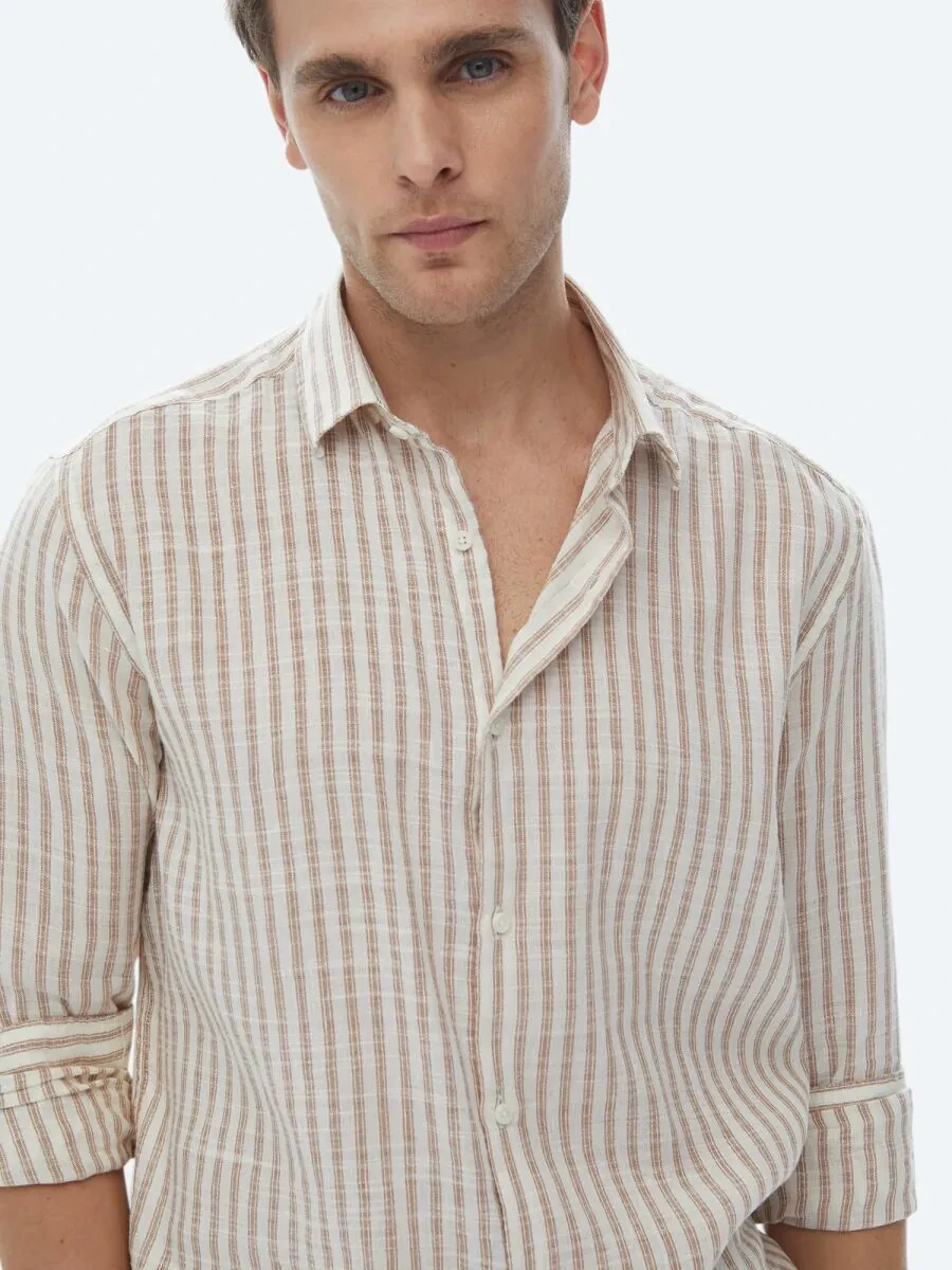 Tile Red Striped Regular Fit Weaving Casual Cotton Blended Shirt - 5