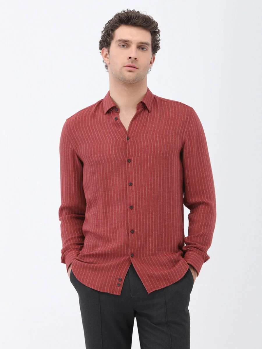 Tile Red Striped Regular Fit Weaving Casual Shirt - 1