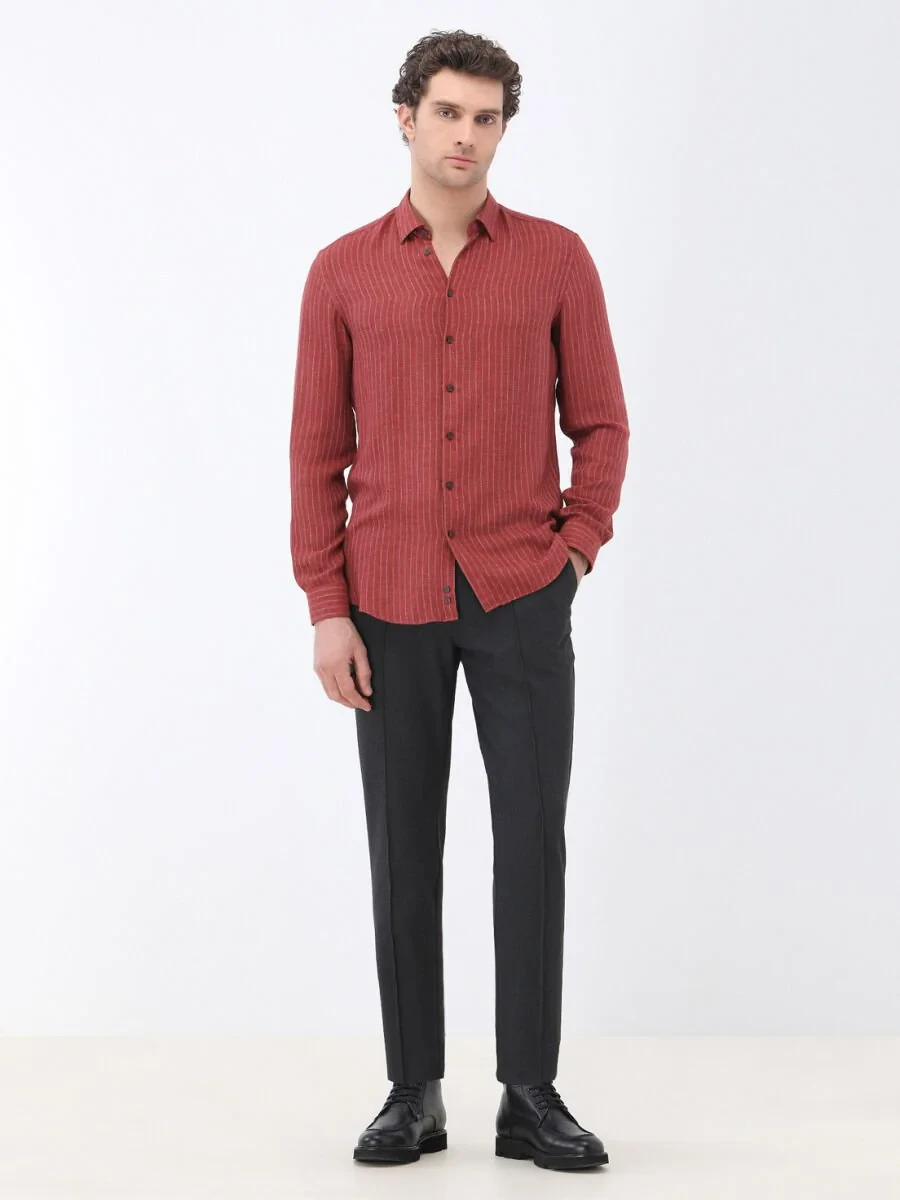 Tile Red Striped Regular Fit Weaving Casual Shirt - 2