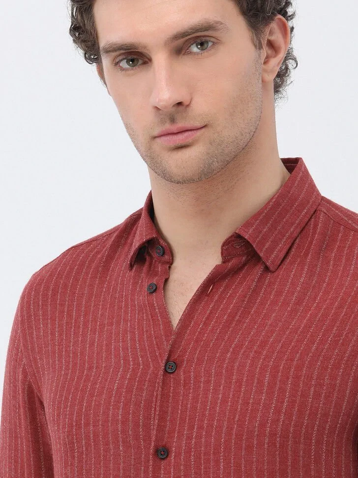 Tile Red Striped Regular Fit Weaving Casual Shirt - 3