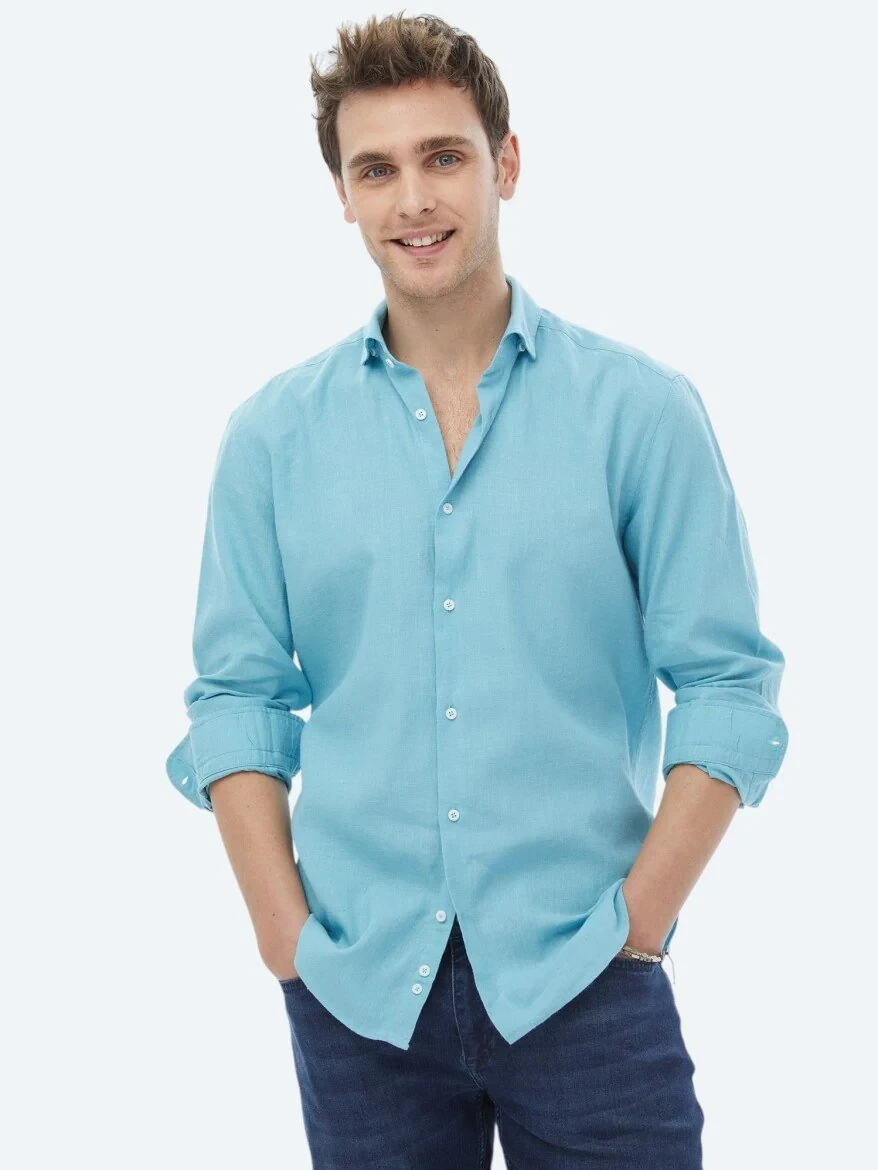 Turquoise Plain Regular Fit Weaving Casual Cotton Blended Shirt - 1