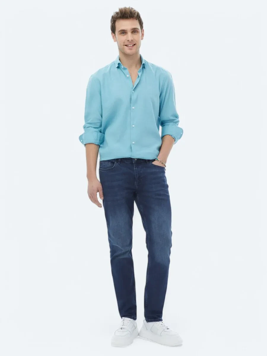 Turquoise Plain Regular Fit Weaving Casual Cotton Blended Shirt - 2