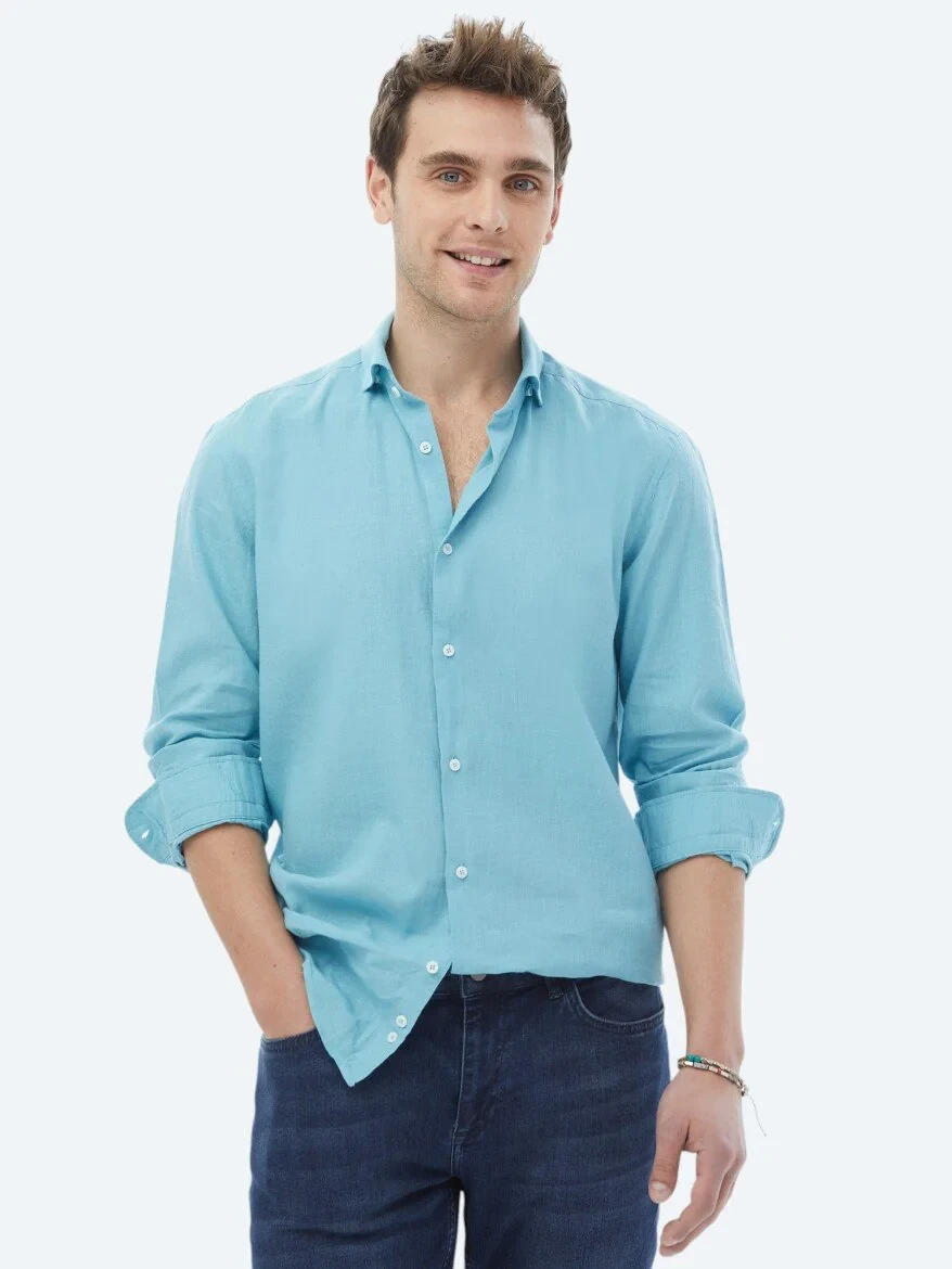 Turquoise Plain Regular Fit Weaving Casual Cotton Blended Shirt - 3