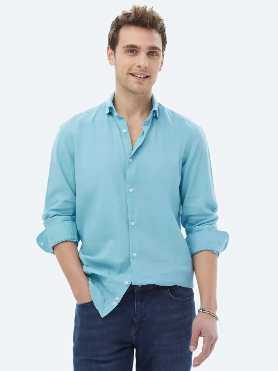 Turquoise Plain Regular Fit Weaving Casual Cotton Blended Shirt - 3