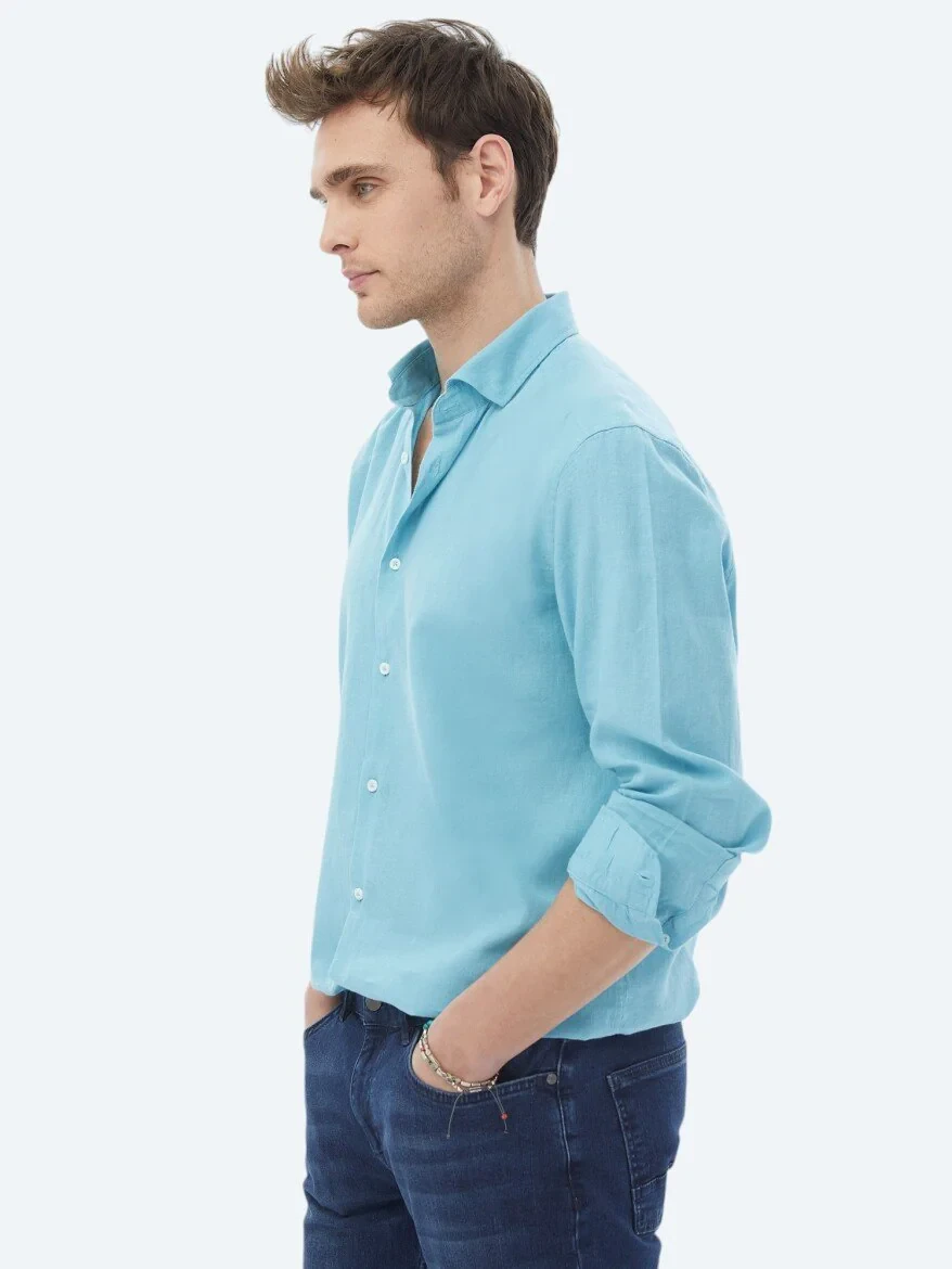 Turquoise Plain Regular Fit Weaving Casual Cotton Blended Shirt 