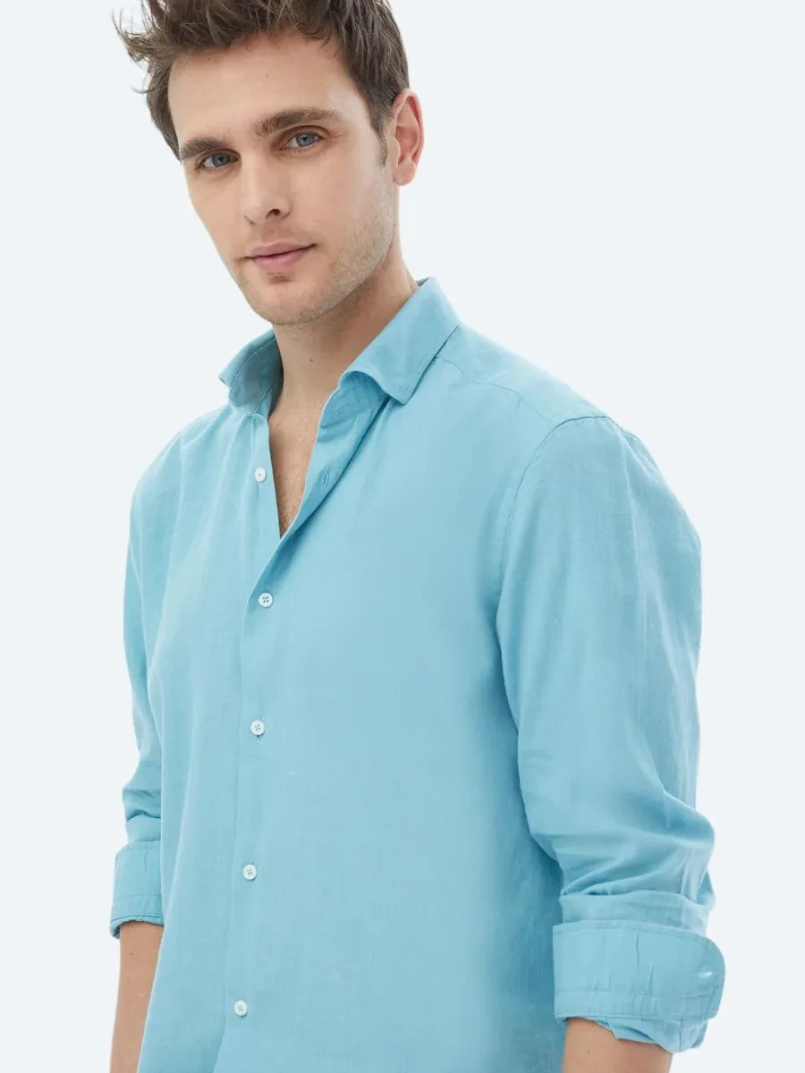 Turquoise Plain Regular Fit Weaving Casual Cotton Blended Shirt - 5