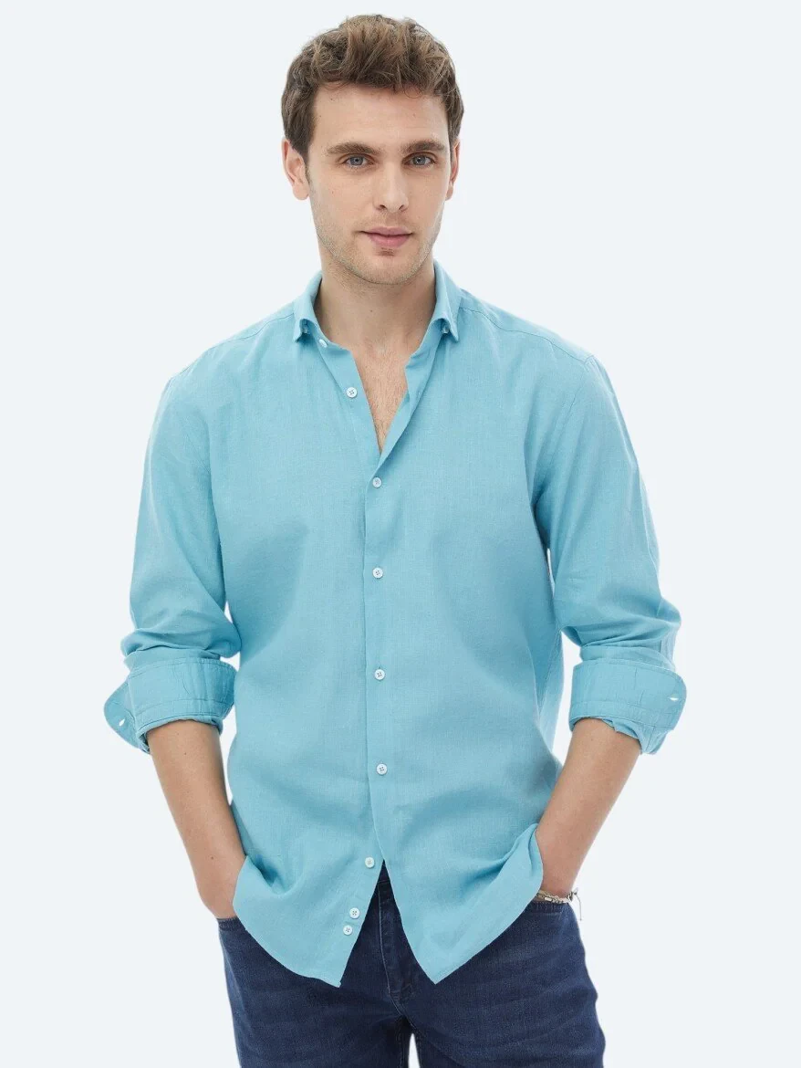 Turquoise Plain Regular Fit Weaving Casual Cotton Blended Shirt - 6