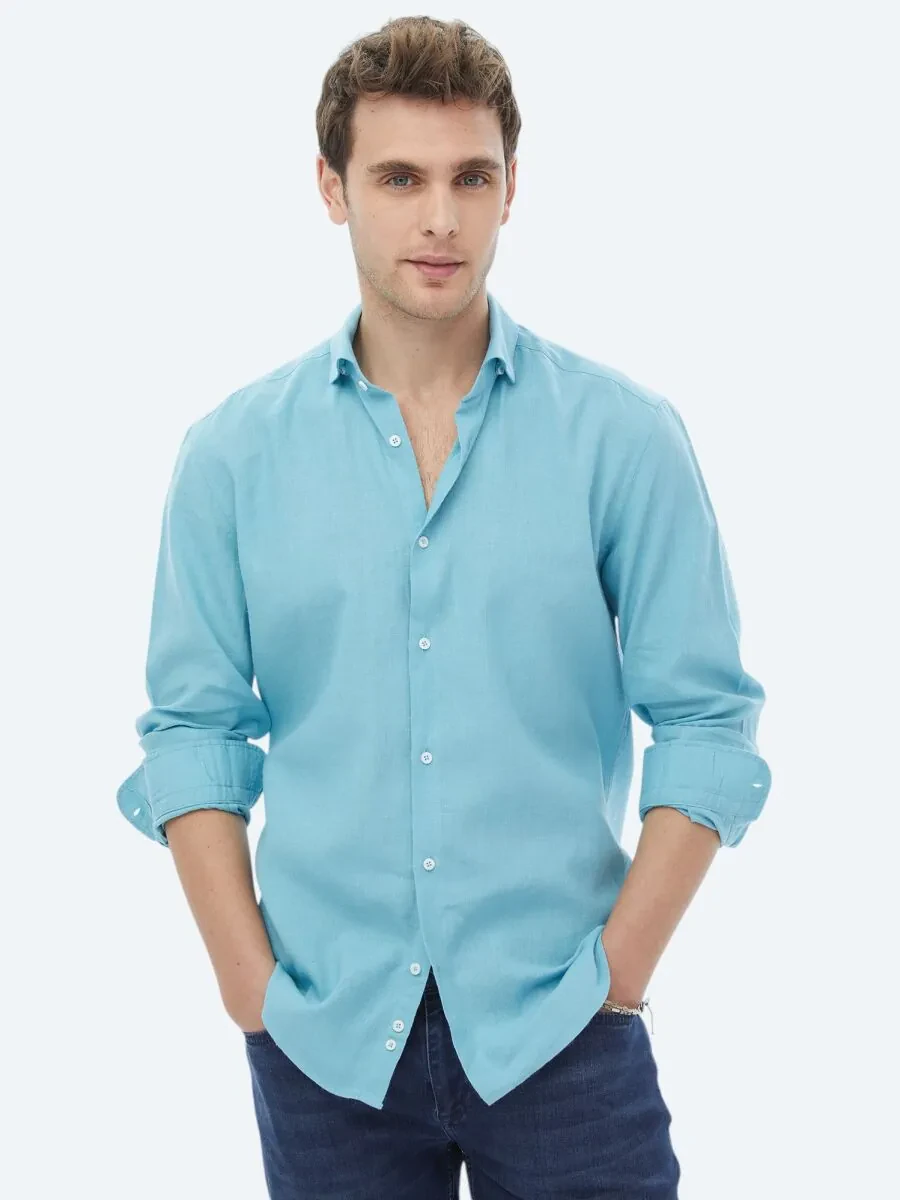 Turquoise Plain Regular Fit Weaving Casual Cotton Blended Shirt - 6