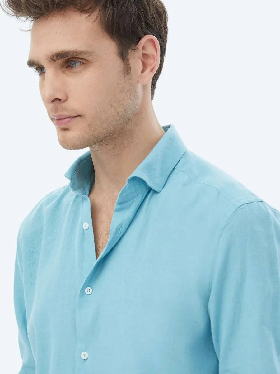 Turquoise Plain Regular Fit Weaving Casual Cotton Blended Shirt - 7
