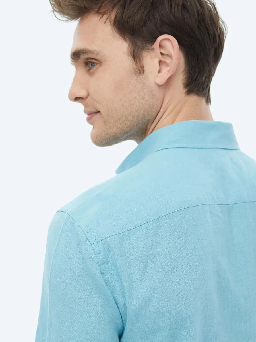 Turquoise Plain Regular Fit Weaving Casual Cotton Blended Shirt - 10