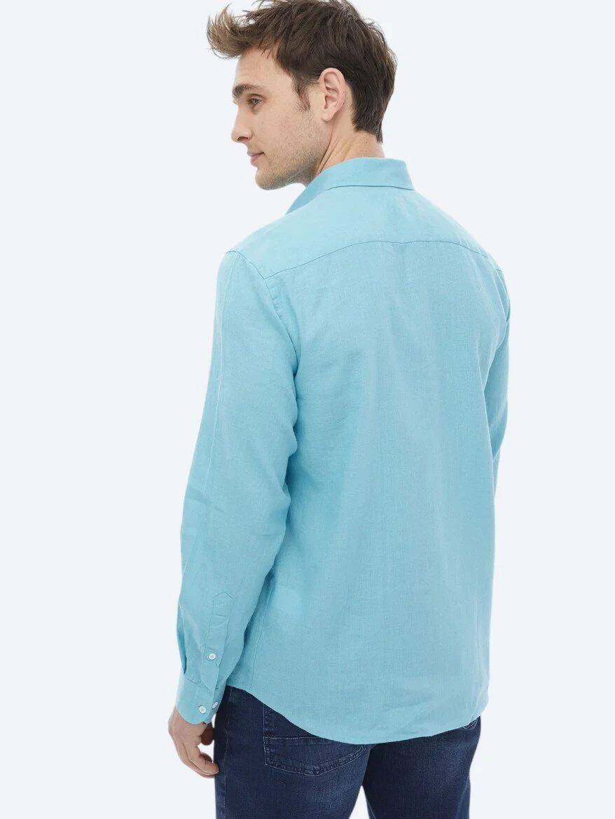 Turquoise Plain Regular Fit Weaving Casual Cotton Blended Shirt - 11