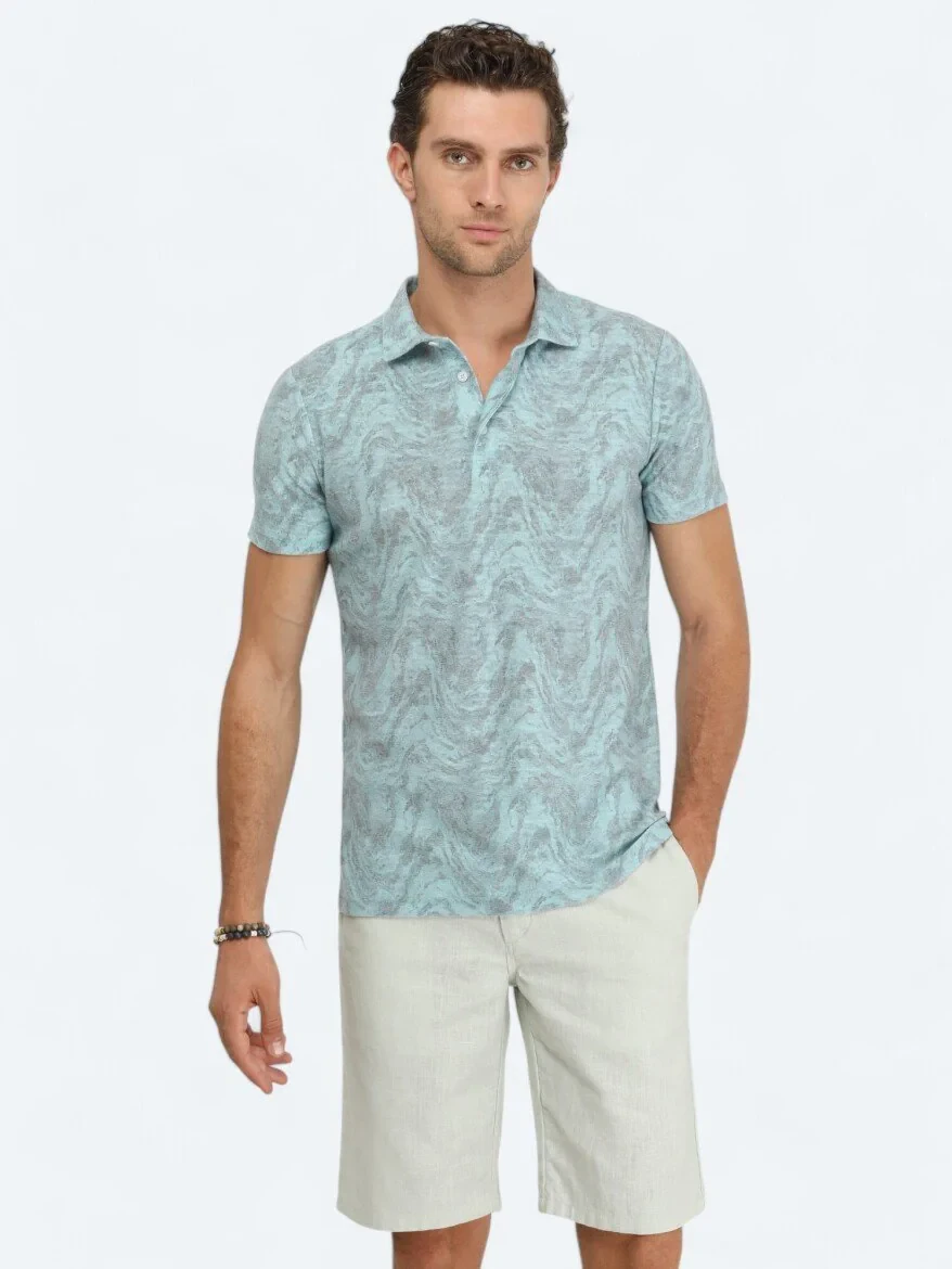 Turquoise Printed Polo Neck Cotton Blended T-Shirt - 1