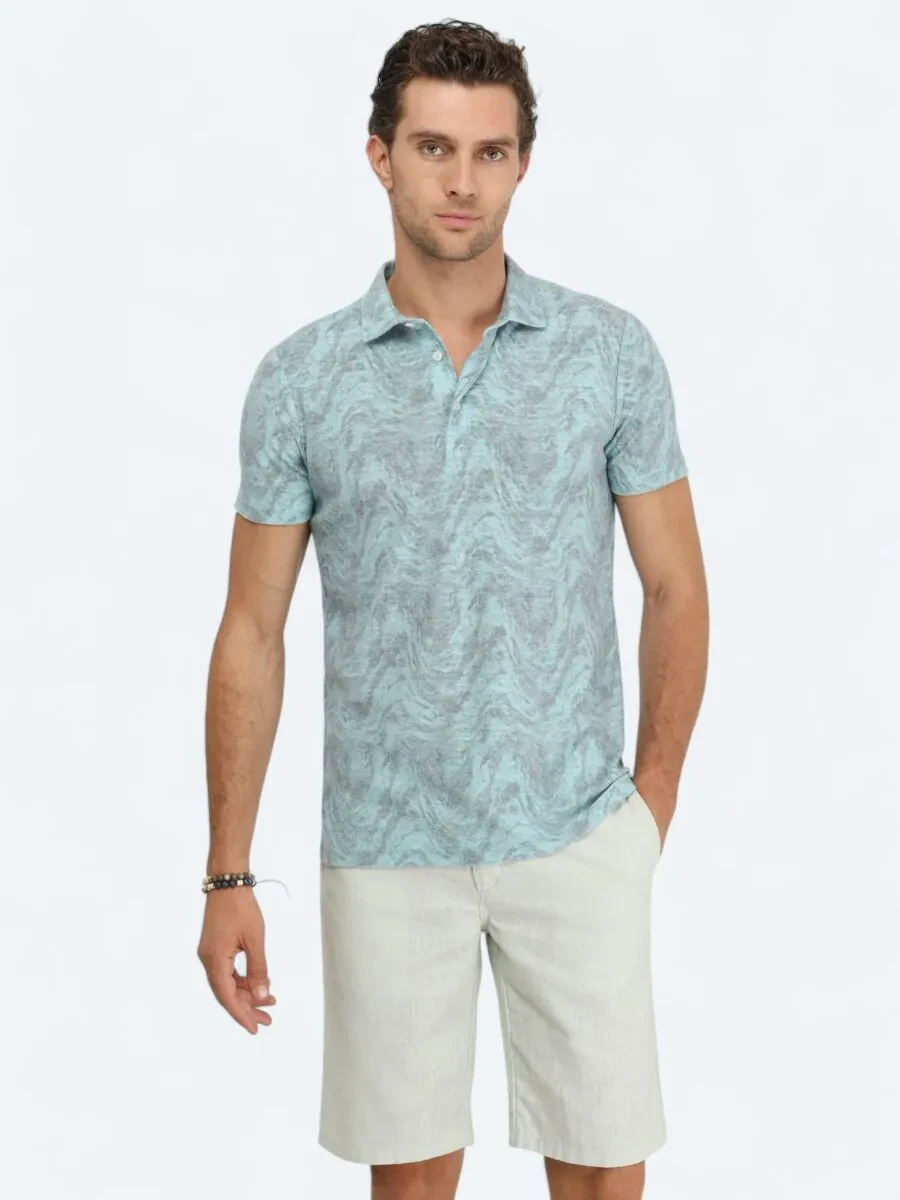 Turquoise Printed Polo Neck Cotton Blended T-Shirt - 1