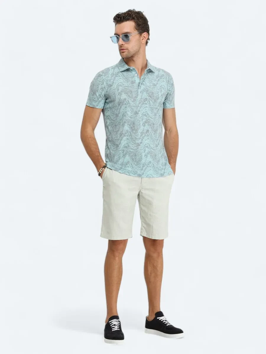 Turquoise Printed Polo Neck Cotton Blended T-Shirt - 2