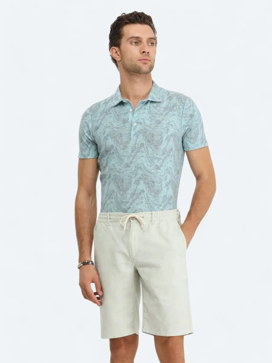 Turquoise Printed Polo Neck Cotton Blended T-Shirt - 3