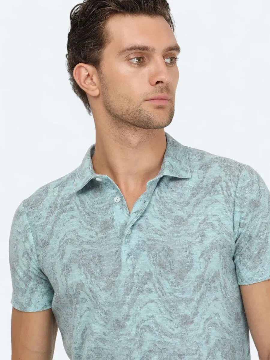 Turquoise Printed Polo Neck Cotton Blended T-Shirt - 4