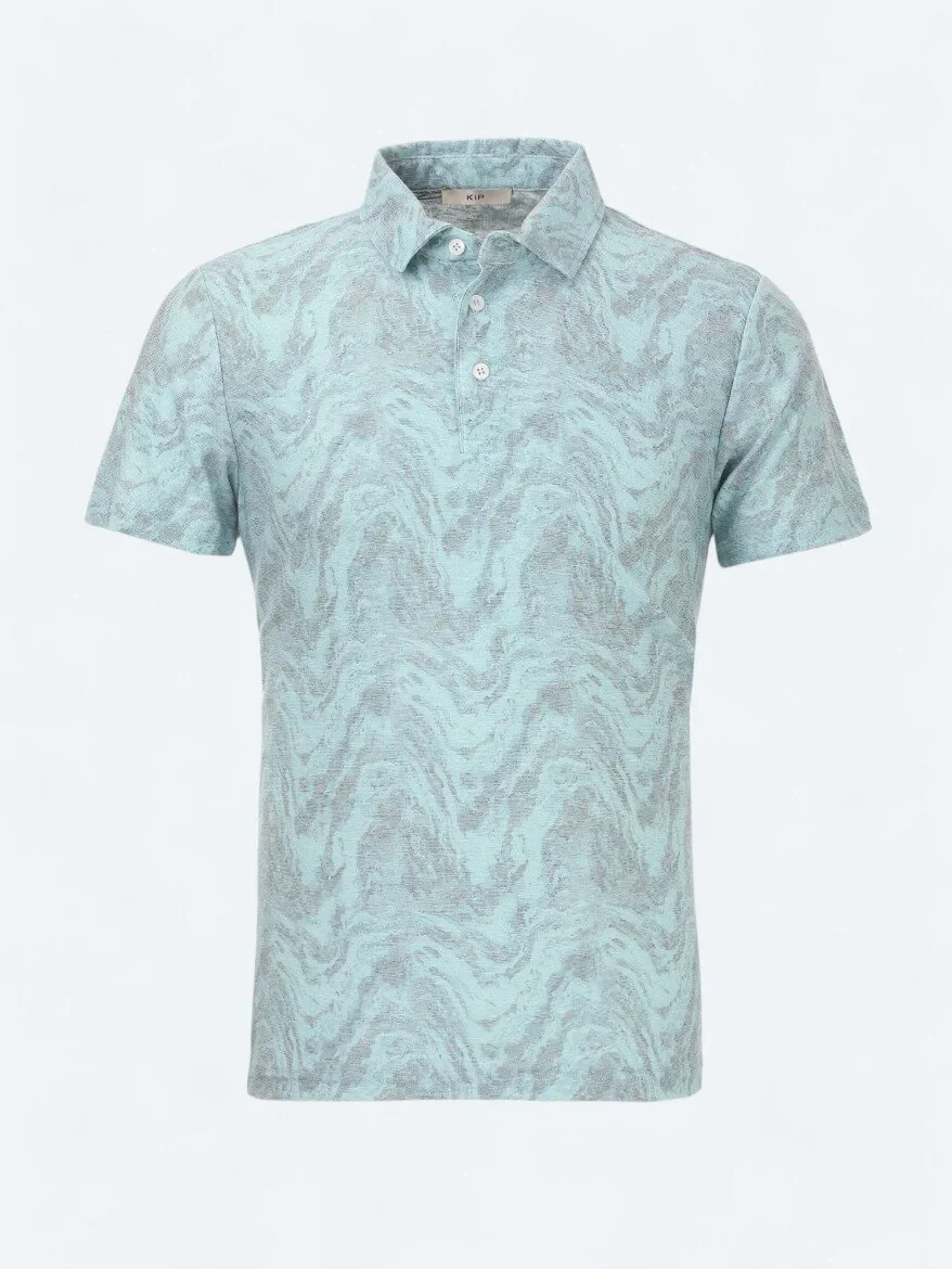 Turquoise Printed Polo Neck Cotton Blended T-Shirt - 6